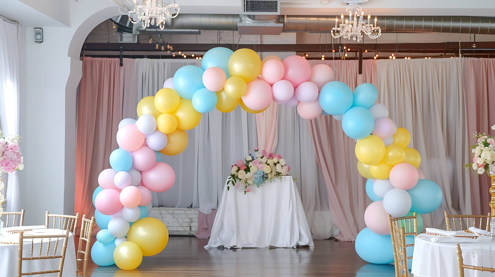 colorful-balloons-arch-pastel-colors-birthday-party-pink-blue-yellow-balloons